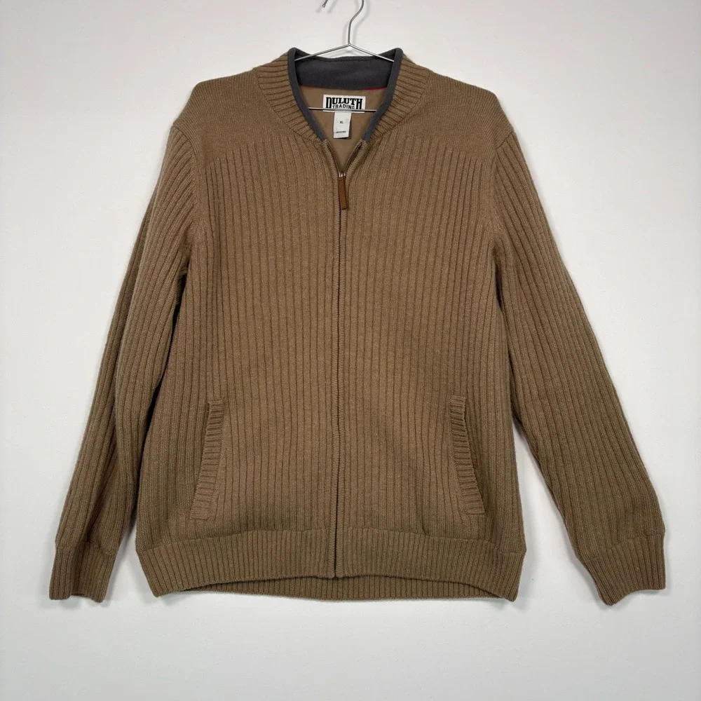 Duluth Trading Mens Full Zip Sweater XL Brown Shetland Wool Lined Ribbed Knit